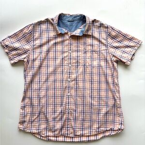 Izod saltwater men’s shirt XXL relaxed button down short sleeve plaid blue peach